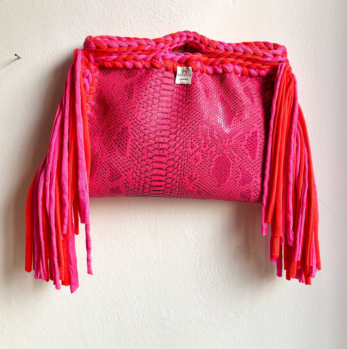 ππ©·π§‘ GIUncinetto POCHETTE BIG PITPINK con contorno MIX Fucsia & Arancio CON FRANGE