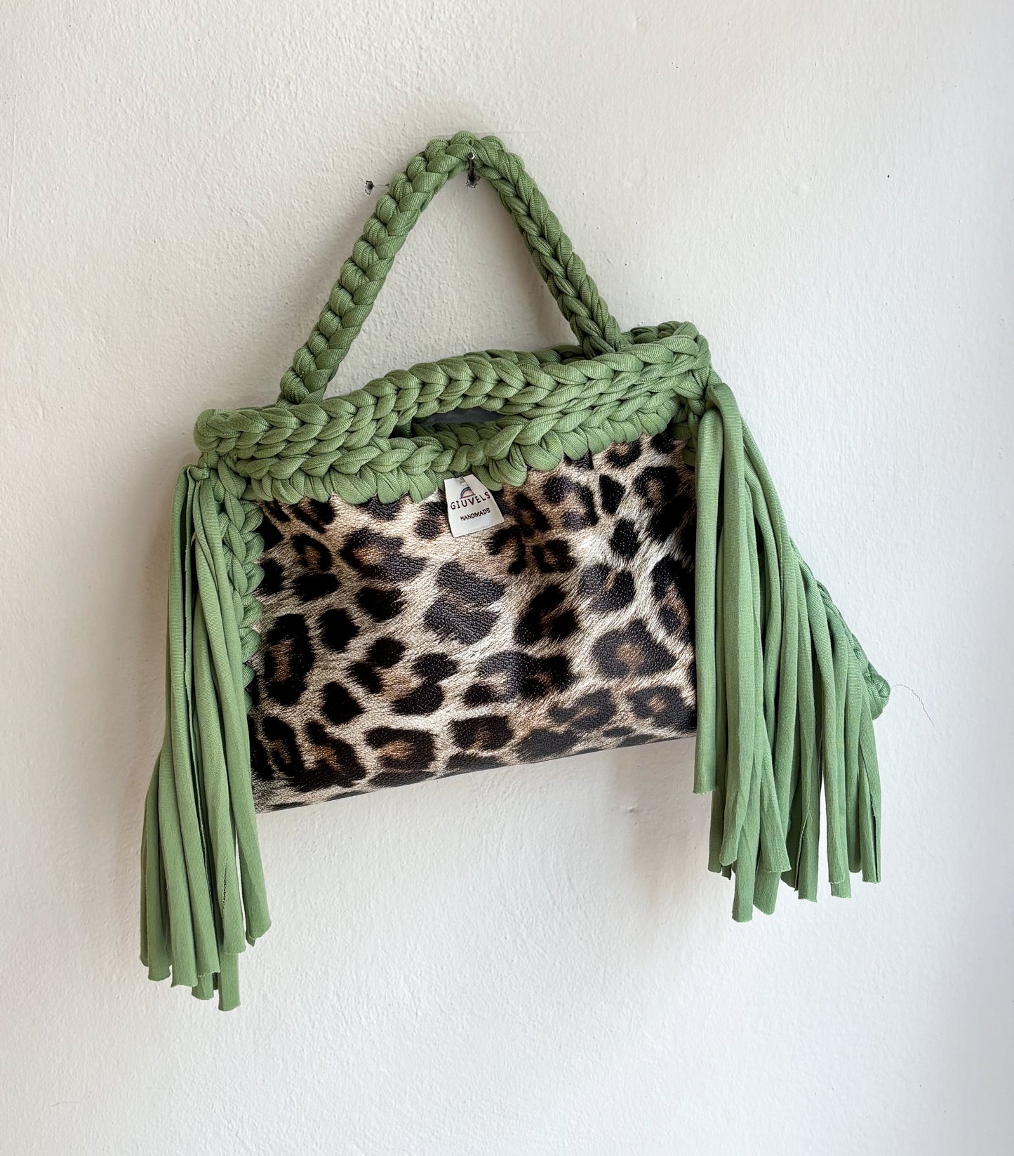 ππ« GIUncinetto POCHETTE MEDIA LEOPARDO con contorno Verde Oliva CON FRANGE & CON TRACOLLAMANO