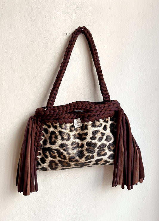 🐆🤎 GIUncinetto POCHETTE MEDIA LEOPARDO con contorno MIX Brown CON FRANGE & CON TRACOLLASPALLA