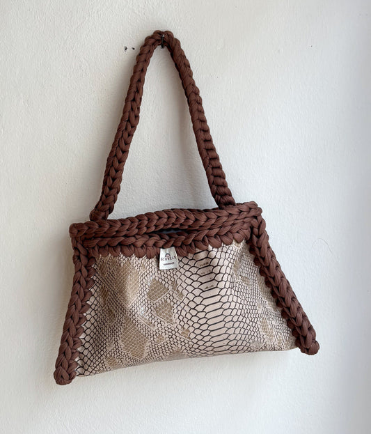 🐍🤎 GIUncinetto POCHETTE MEDIA PITONE BEIGE con contorno Marrone Chiaro CON TRACOLLASPALLA