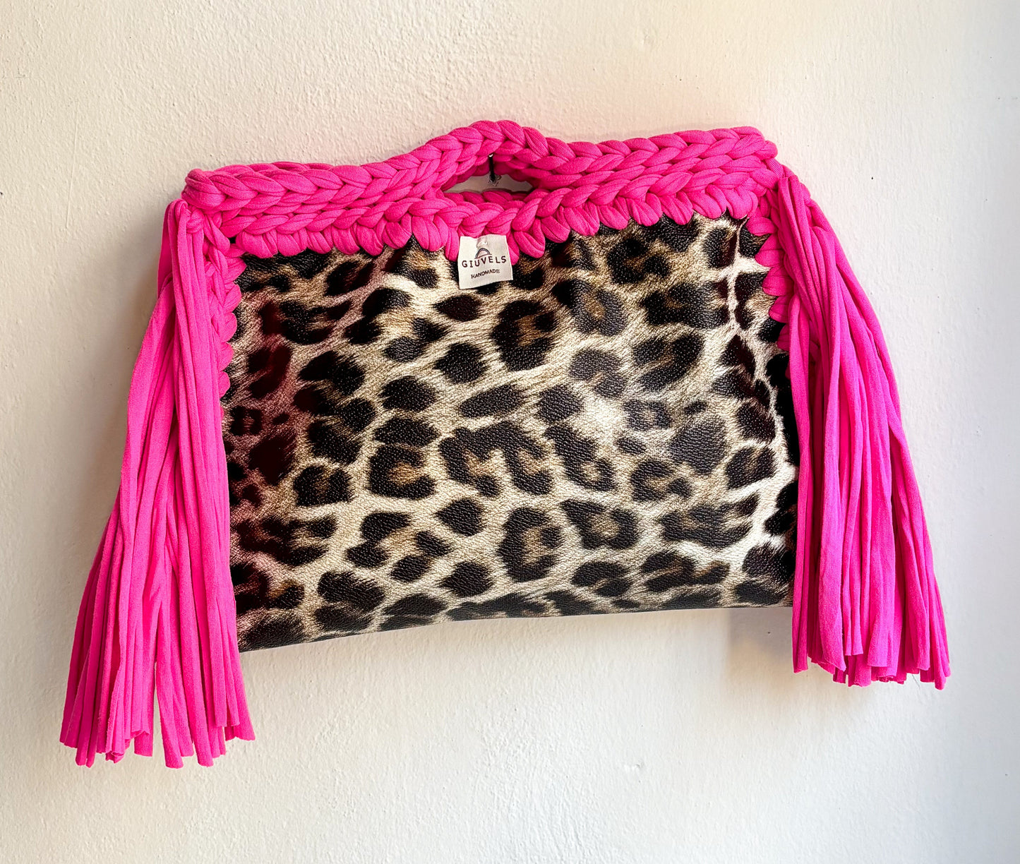 🐆🩷 GIUncinetto POCHETTE BIG LEOPARDO con contorno Fucsia CON FRANGE