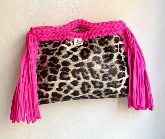 🐆🩷 GIUncinetto POCHETTE BIG LEOPARDO con contorno Fucsia CON FRANGE