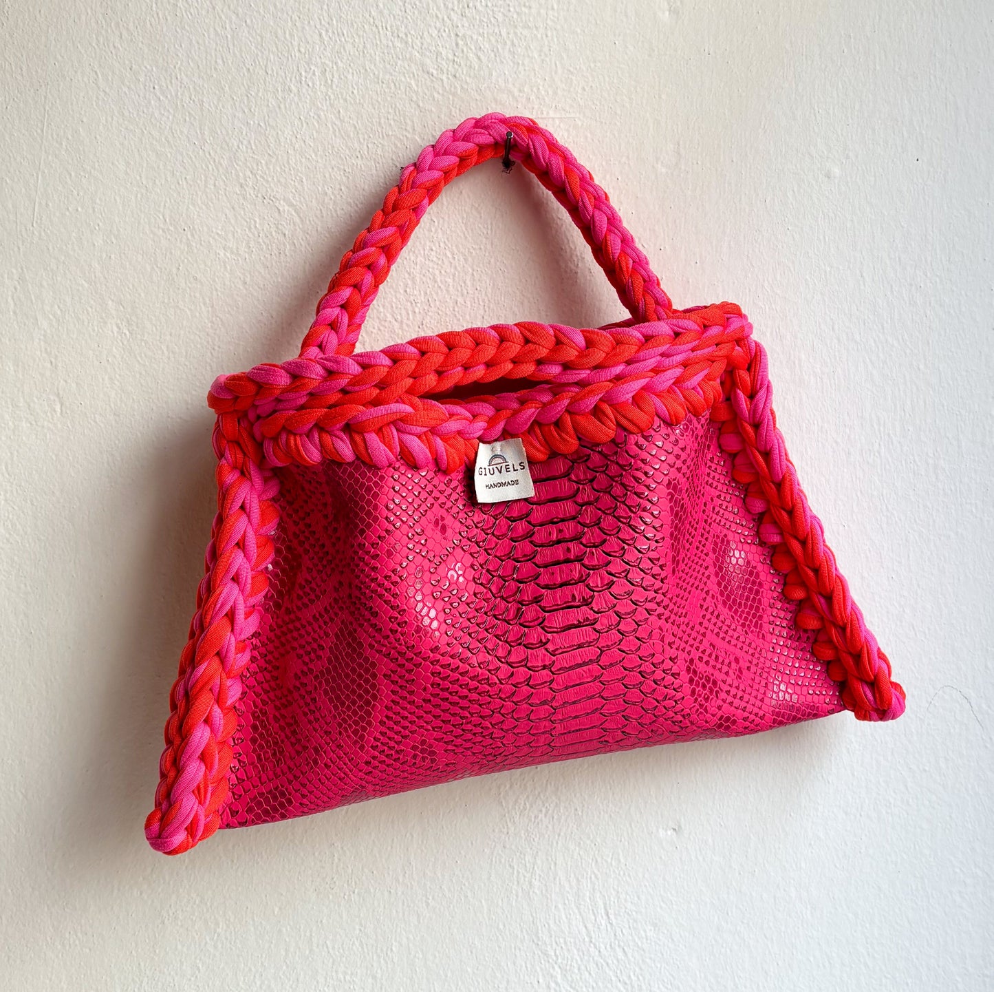 🐍🩷🧡 GIUncinetto POCHETTE MEDIA PITPINK con contorno MIX Fucsia & Arancio CON TRACOLLAMANO