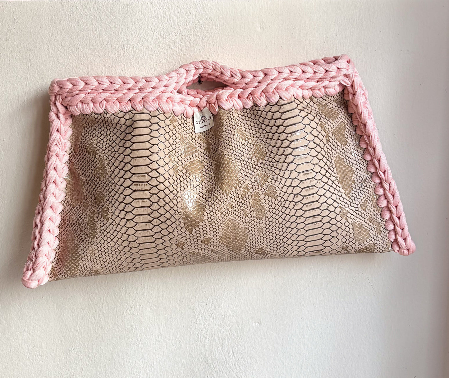 🐍🌸 GIUncinetto MAXI POCHETTE PITONE BEIGE con contorno Rosa Cipria