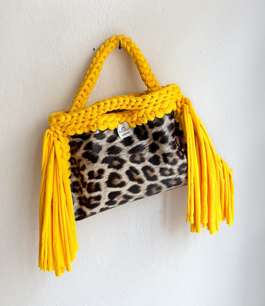 🐆💛 GIUncinetto POCHETTE MEDIA LEOPARDO con contorno Giallo CON FRANGE & CON TRACOLLAMANO