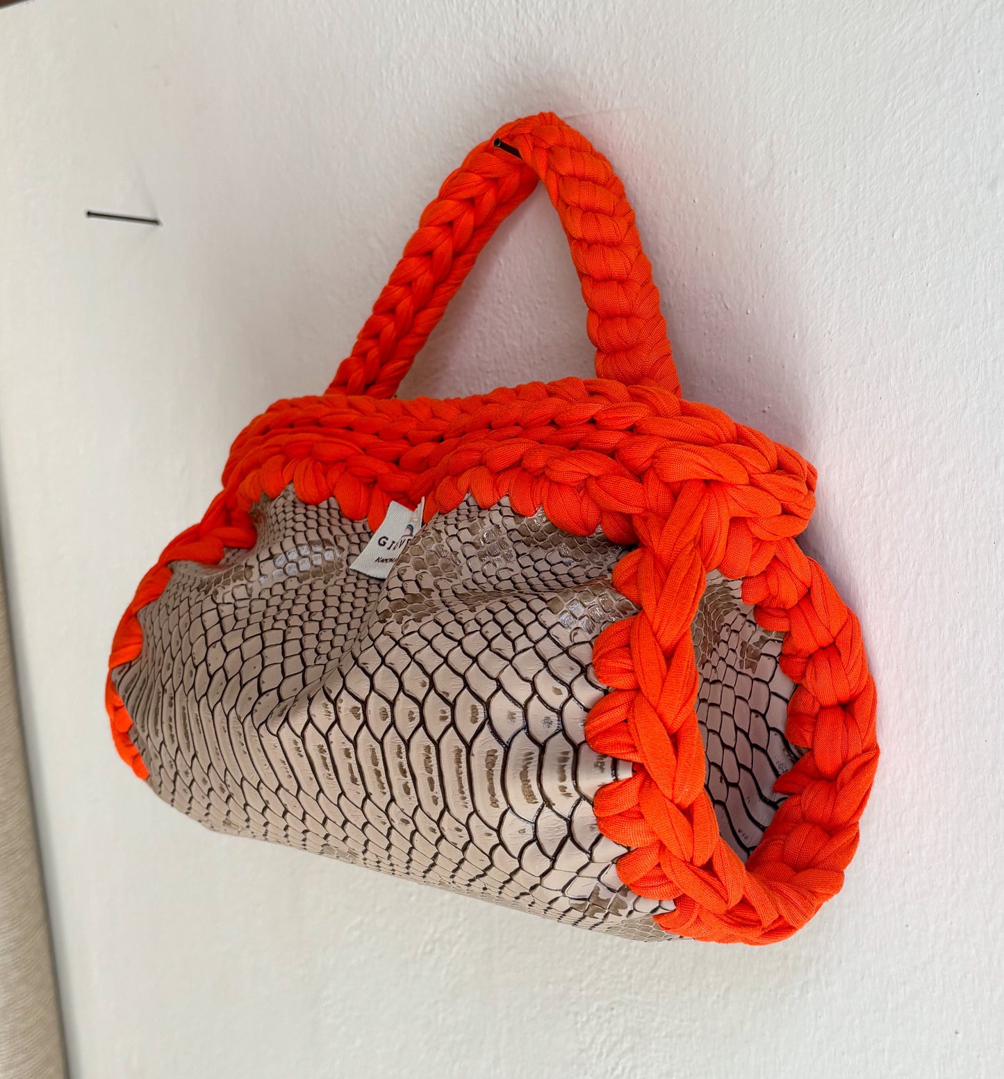 🐍🧡 GIUncinetto OVAL SMALL PITONE BEIGE con contorno Arancio
