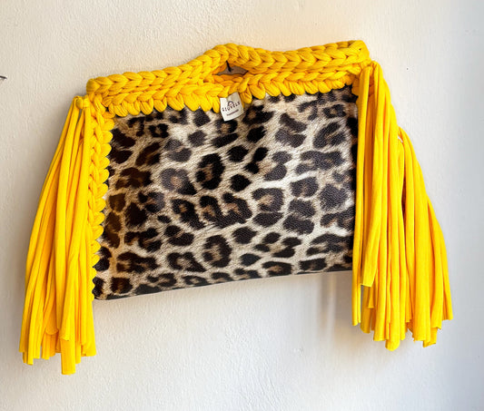 🐆💛 GIUncinetto POCHETTE BIG LEOPARDO con contorno Giallo CON FRANGE