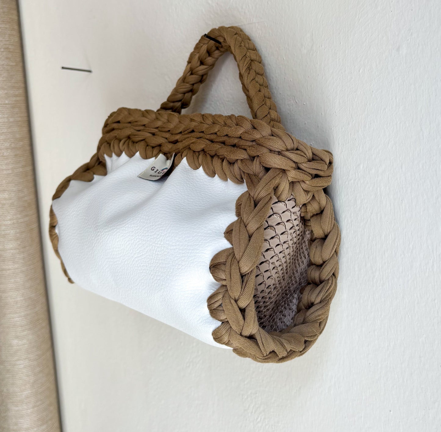 🤍🐍🤎 GIUncinetto OVAL SMALL Ecopelle BIANCA con contorno Beige Tortora & LATERALI PITONE BEIGE