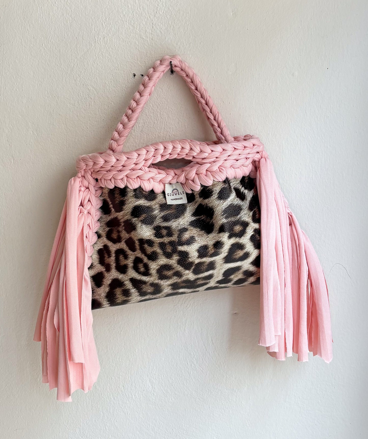🐆🌸 GIUncinetto POCHETTE MEDIA LEOPARDO con contorno Rosa Cipria CON FRANGE & CON TRACOLLAMANO