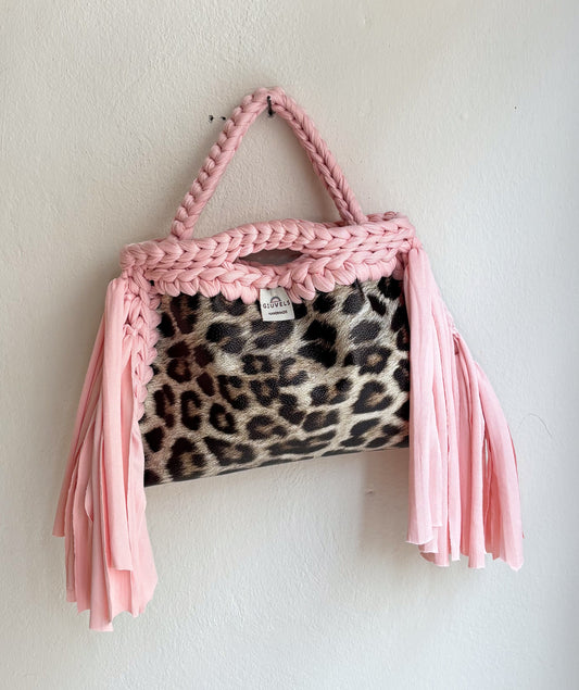 🐆🌸 GIUncinetto POCHETTE MEDIA LEOPARDO con contorno Rosa Cipria CON FRANGE & CON TRACOLLAMANO