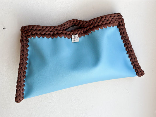 🩵🤎 GIUncinetto MAXI POCHETTE ROMEO Ecopelle Azzurro con contorno Marrone Chiaro