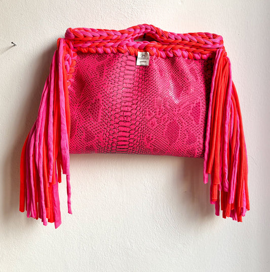 🐍🩷🧡 GIUncinetto POCHETTE BIG PITPINK con contorno MIX Fucsia & Arancio CON FRANGE