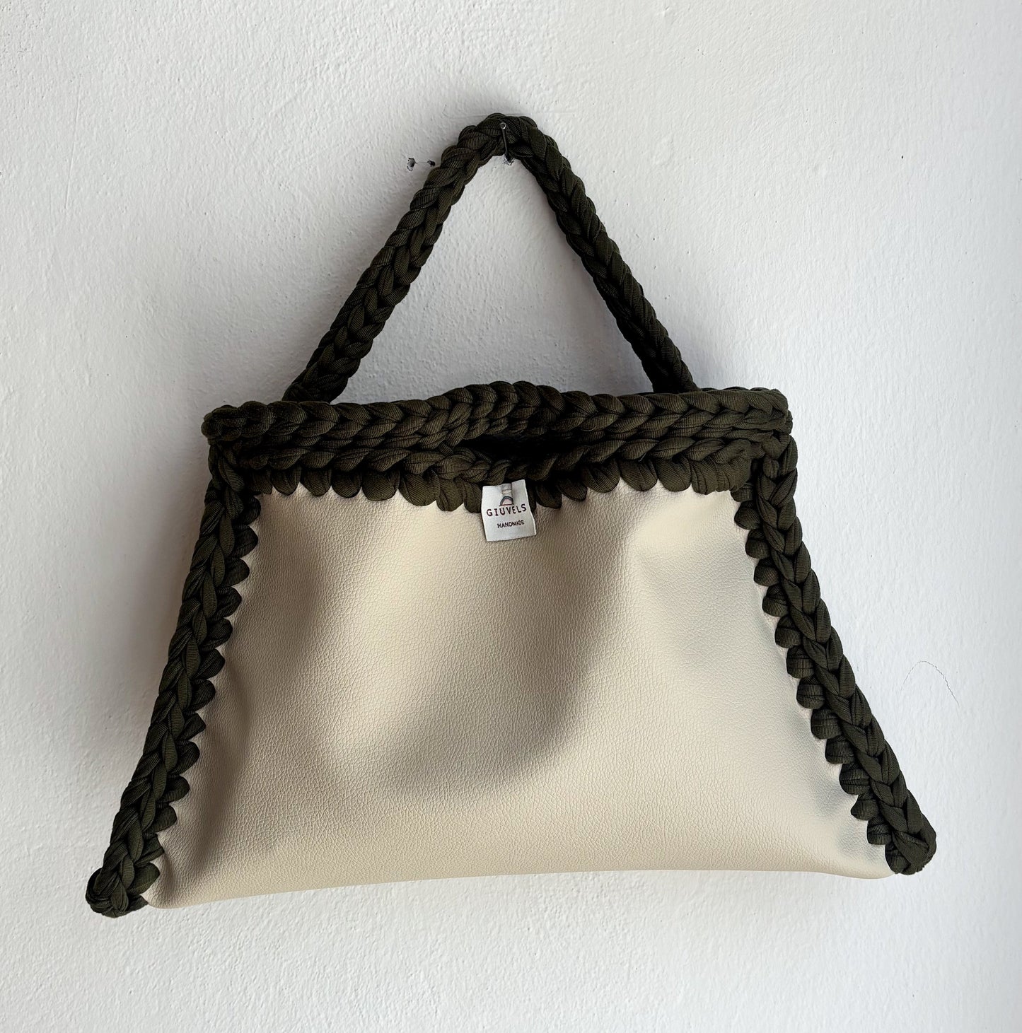 🥜💚 GIUncinetto POCHETTE BIG Ecopelle BEIGE con contorno Verde Militare CON TRACOLLAMANO