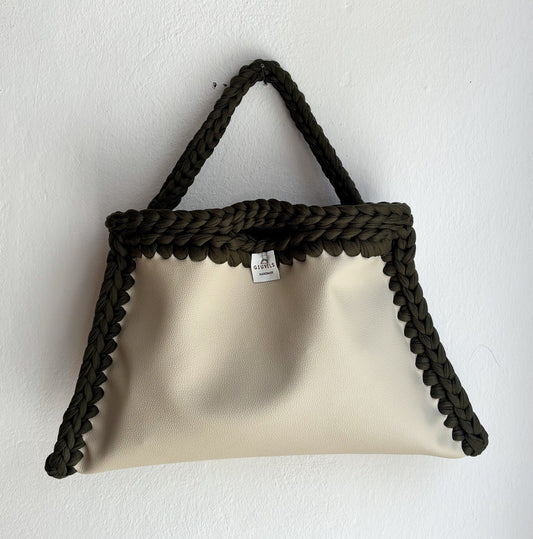 🥜💚 GIUncinetto POCHETTE BIG Ecopelle BEIGE con contorno Verde Militare CON TRACOLLAMANO