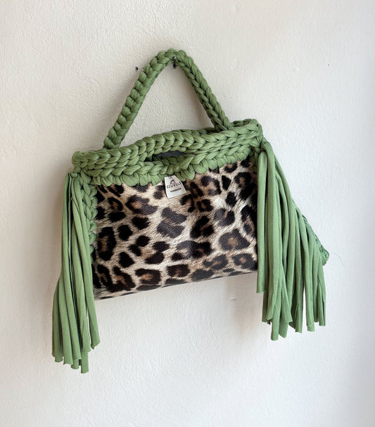 🐆🫒 GIUncinetto POCHETTE MEDIA LEOPARDO con contorno Verde Oliva CON FRANGE & CON TRACOLLAMANO