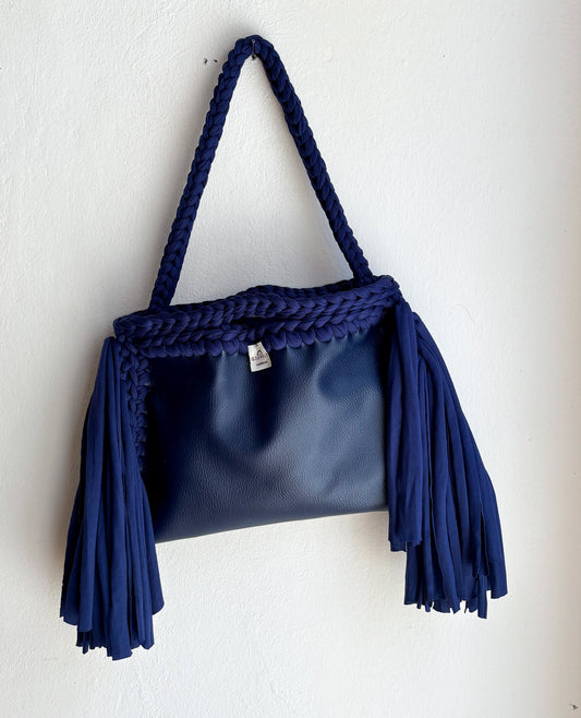 💙💙 GIUncinetto POCHETTE BIG Ecopelle BLUE con contorno Blu CON FRANGE & CON TRACOLLASPALLA
