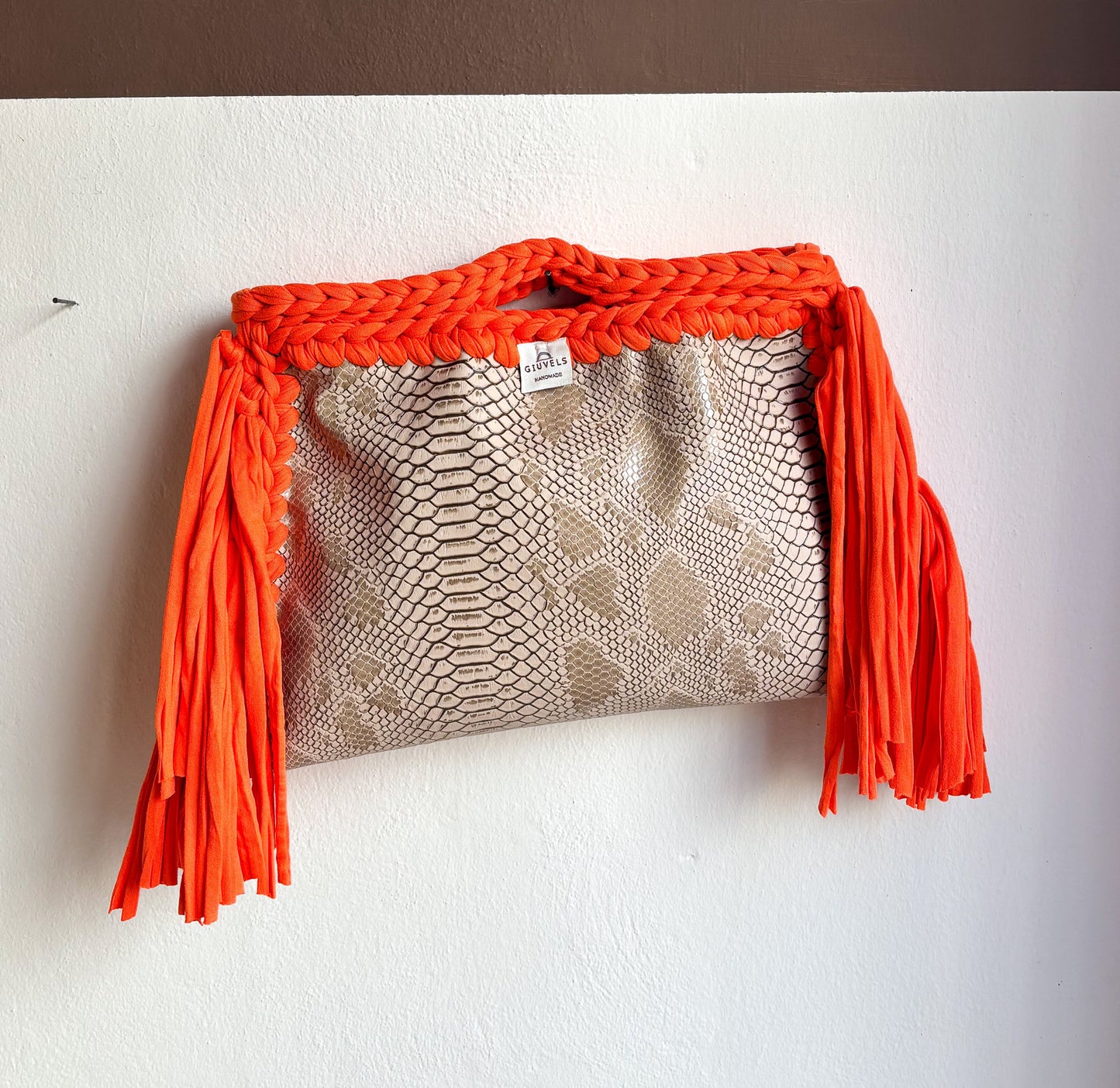 🐍🧡 GIUncinetto POCHETTE BIG PITONE BEIGE con contorno Arancio CON FRANGE