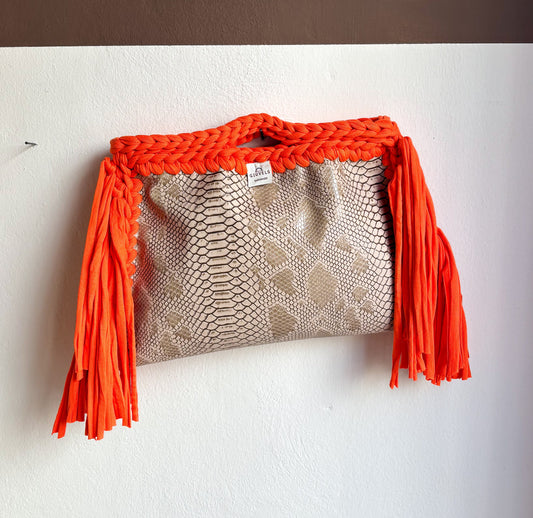 🐍🧡 GIUncinetto POCHETTE BIG PITONE BEIGE con contorno Arancio CON FRANGE