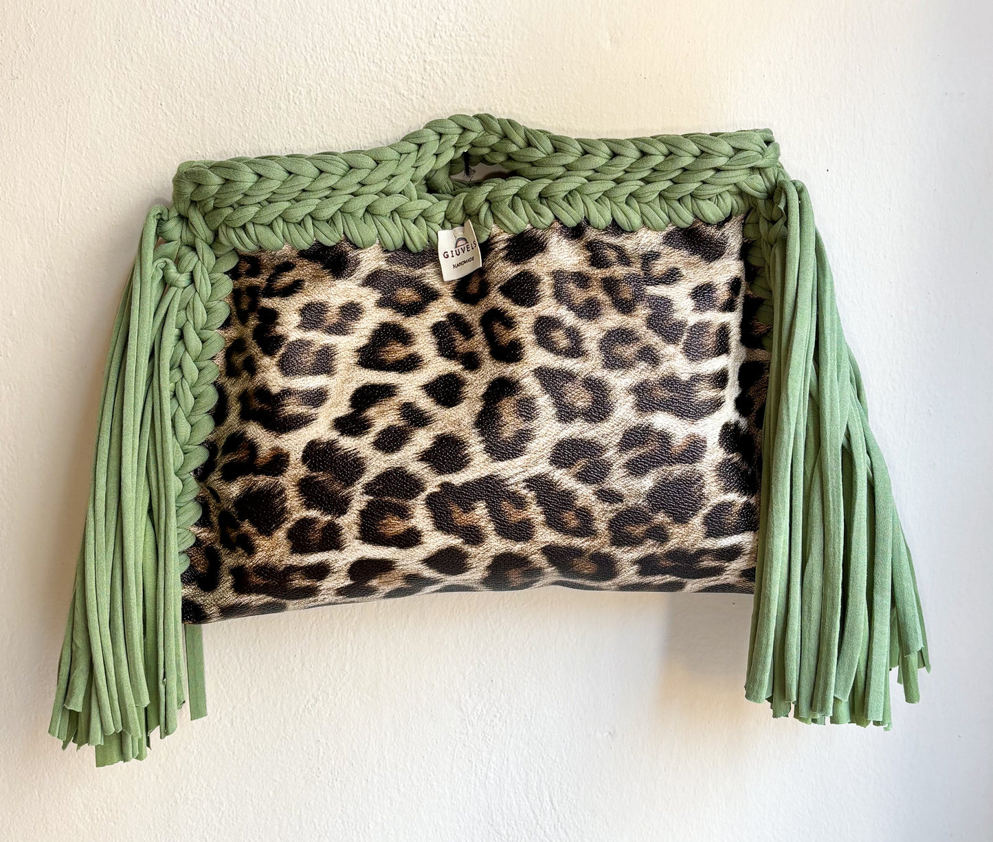 🐆🫒 GIUncinetto POCHETTE BIG LEOPARDO con contorno Verde Oliva CON FRANGE