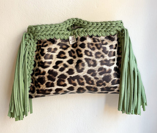 🐆🫒 GIUncinetto POCHETTE BIG LEOPARDO con contorno Verde Oliva CON FRANGE